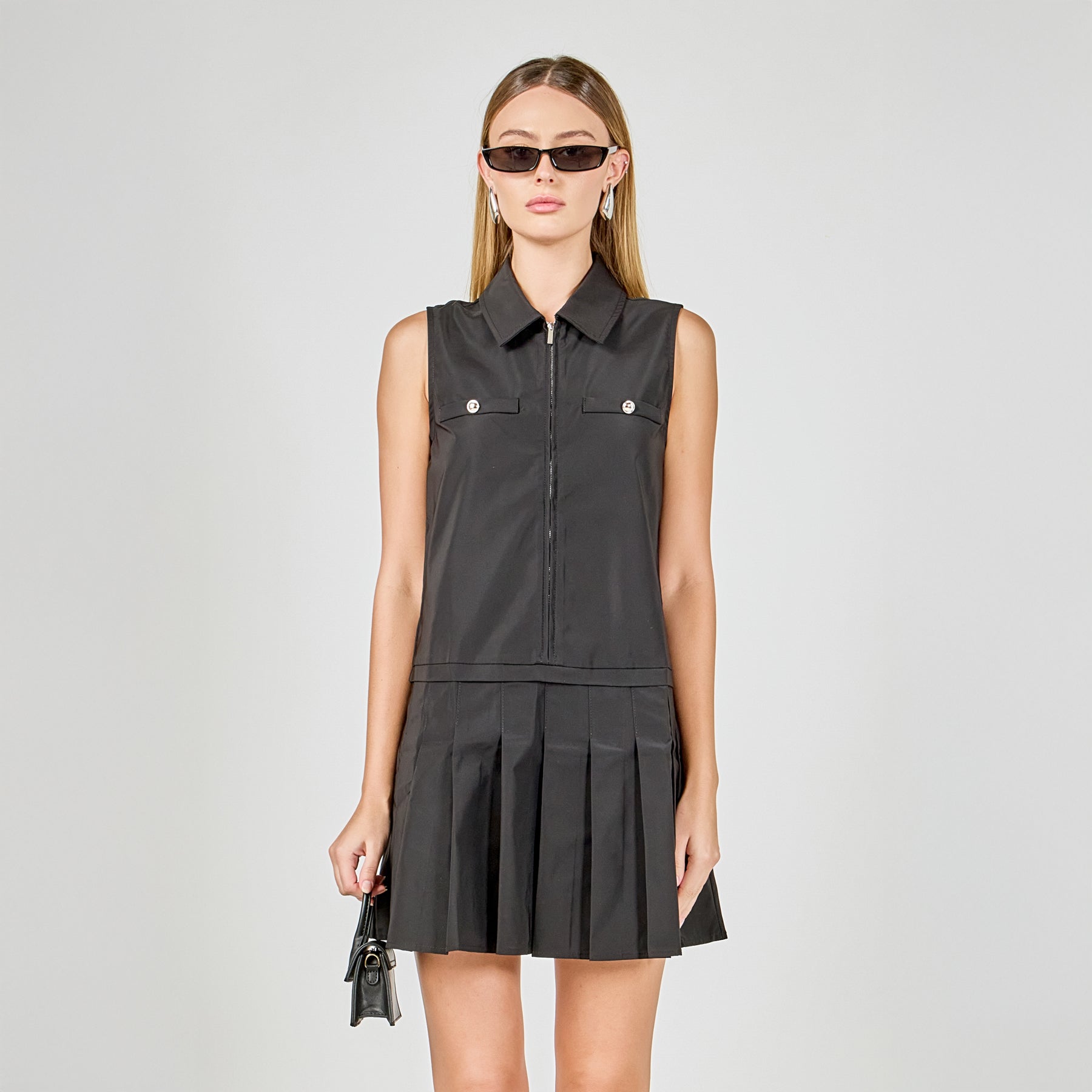 Sleeveless Zip Up Pleated Mini Dress