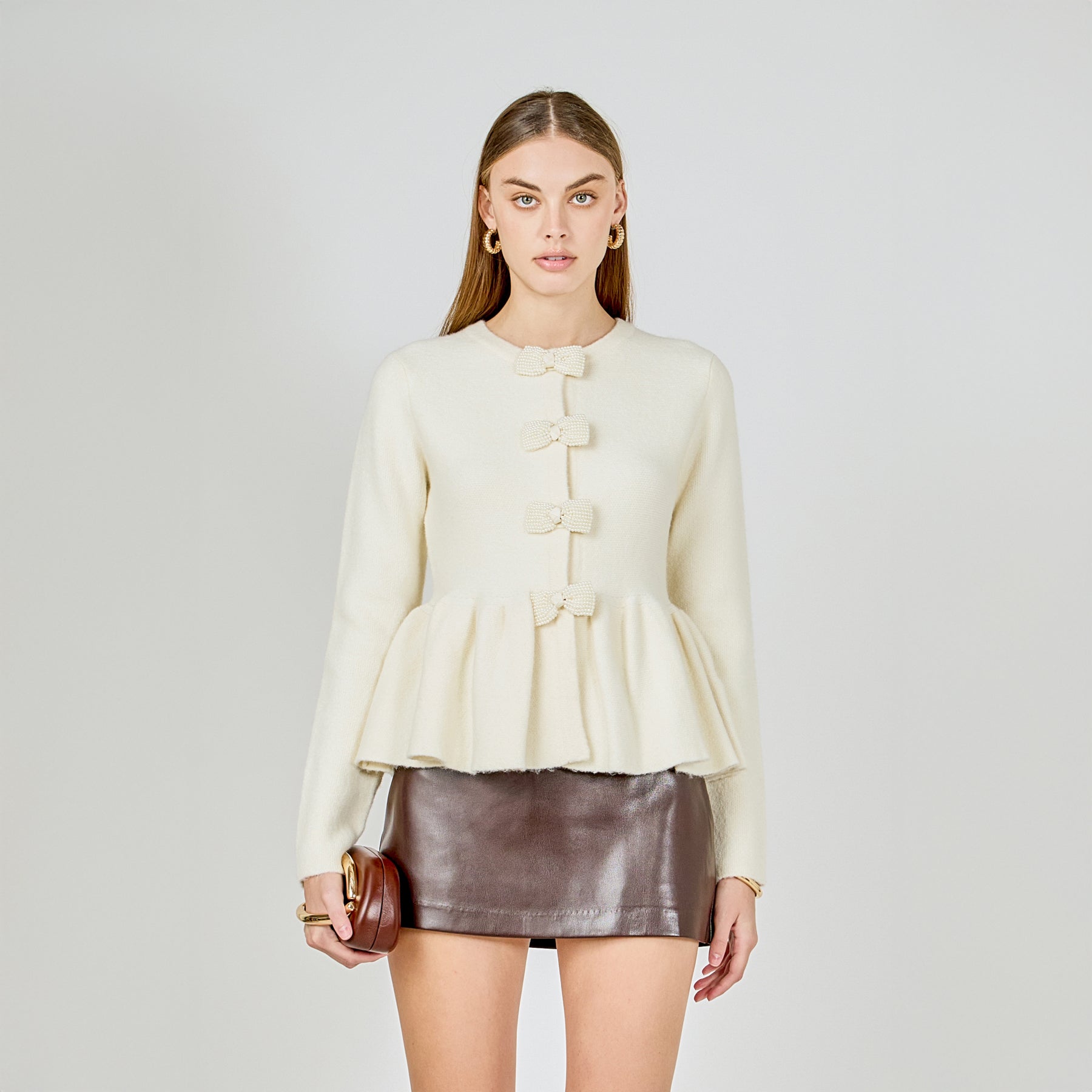Bow Trim Flared Cardigan