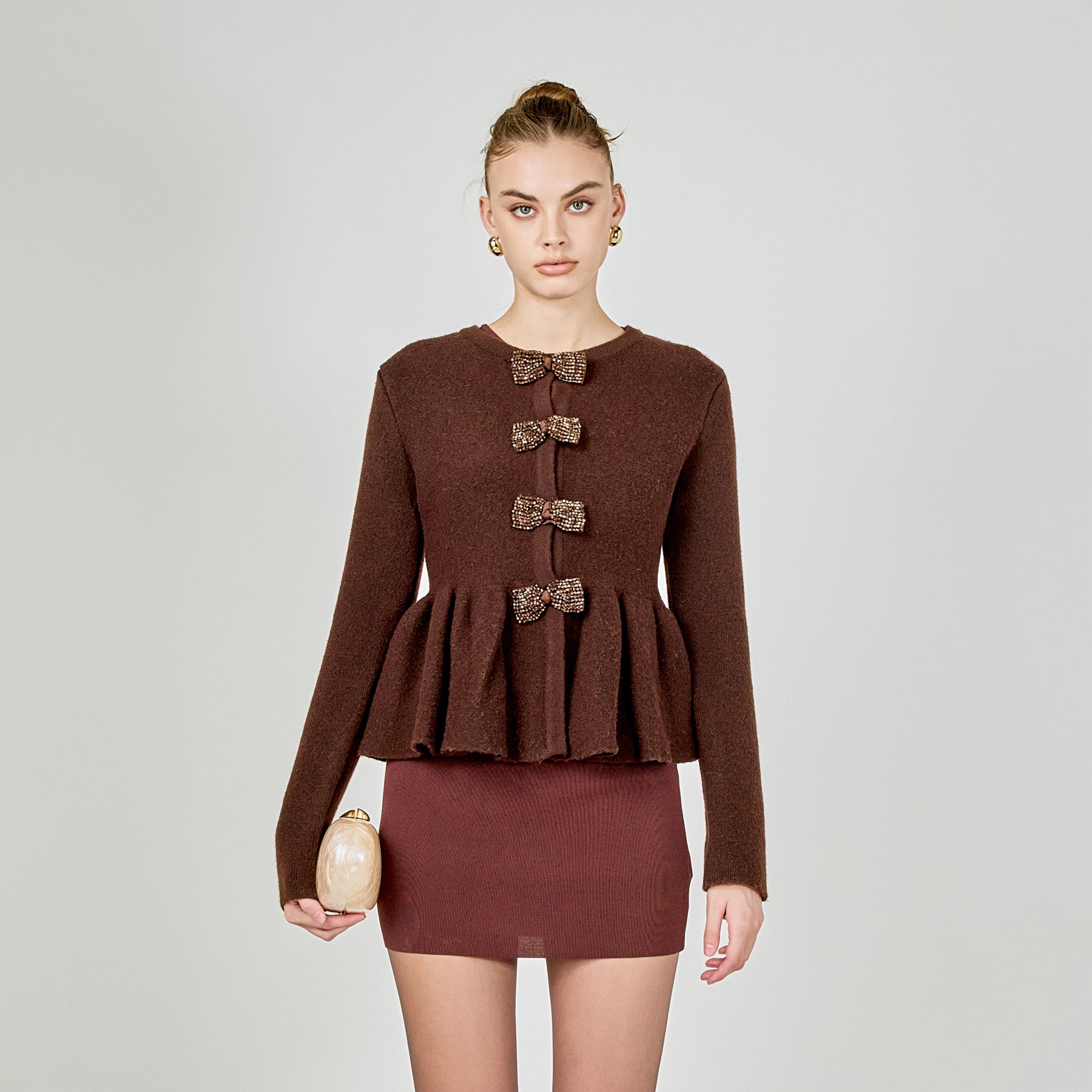 Bow Trim Flared Cardigan