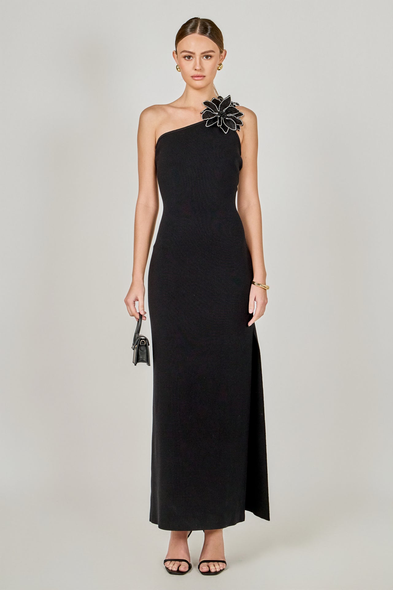 Flower Detail One Shoulder Knit Maxi Dress