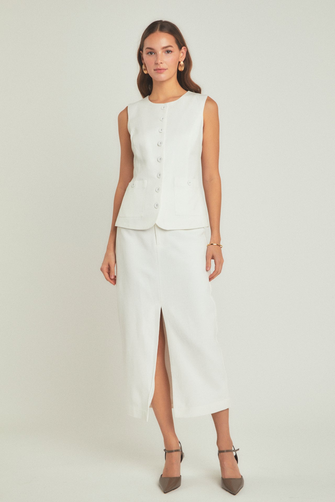 Front Slit Linen Midi Skirt