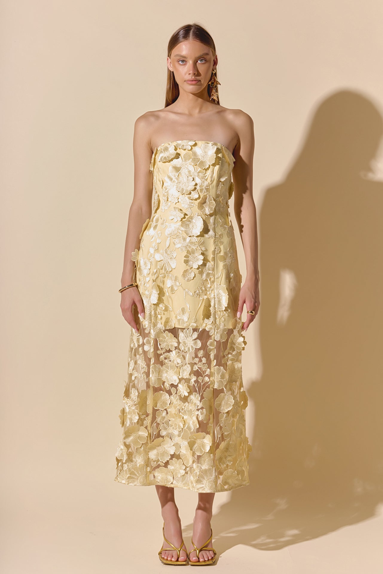 Strapless Floral Embroidered Maxi Dress