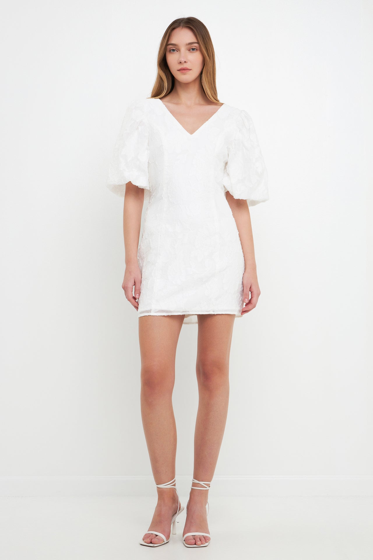 Floral Jacquard Puff Sleeve Mini Dress