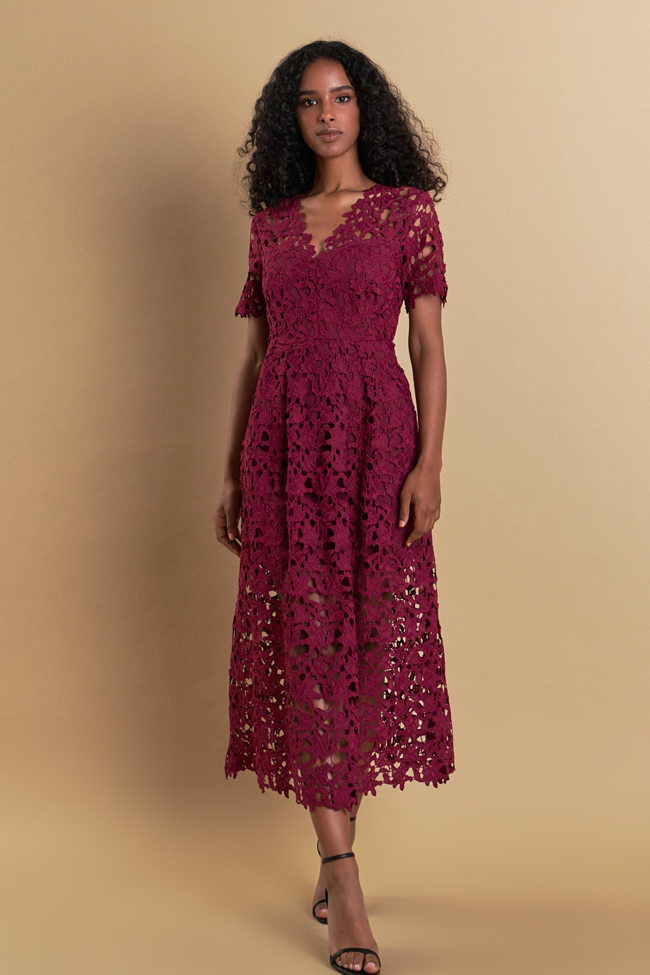 All Over Lace Short Sleeves Midi Dress