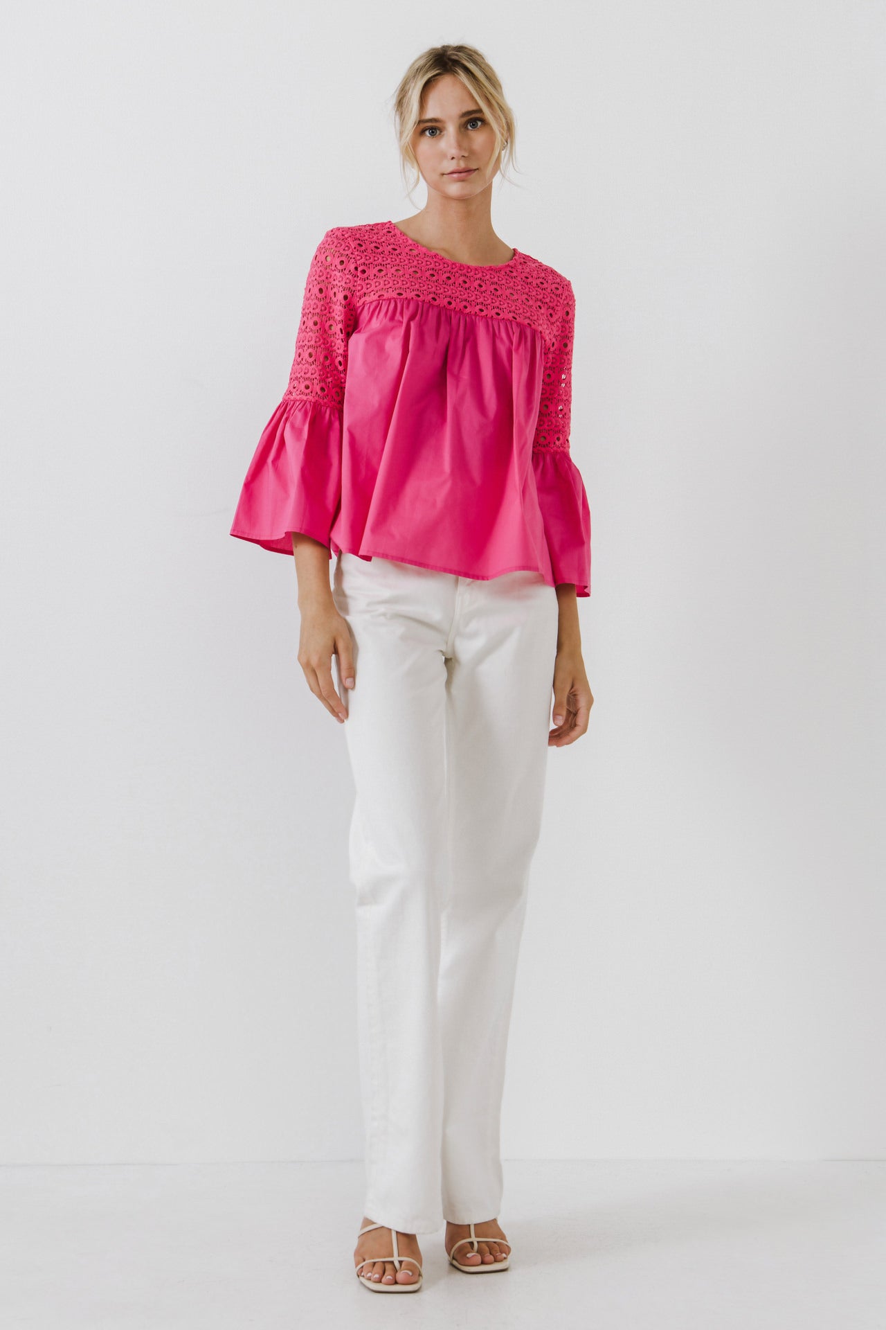 Lace with Poplin Bell Sleeve Blouse