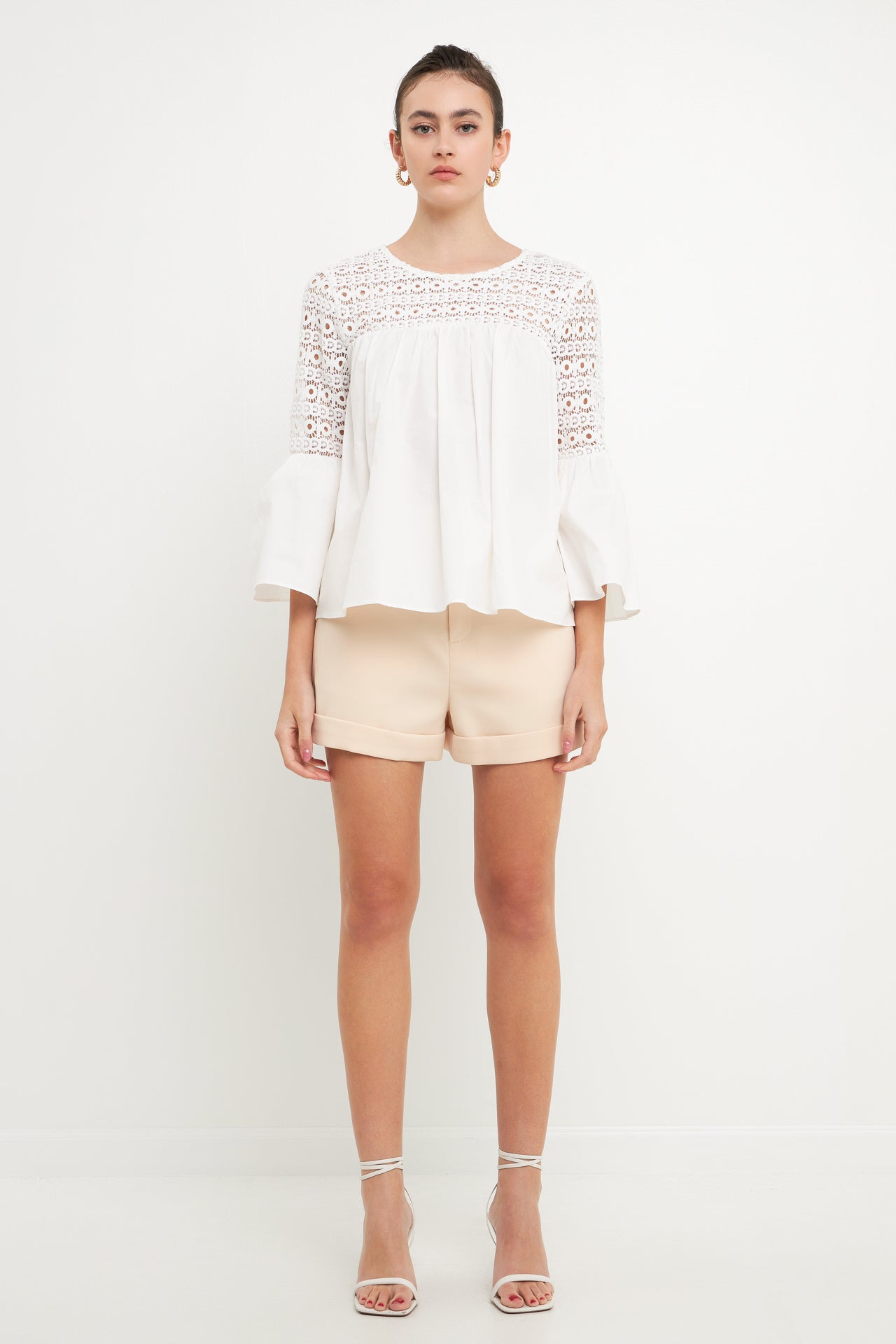 Lace with Poplin Bell Sleeve Blouse